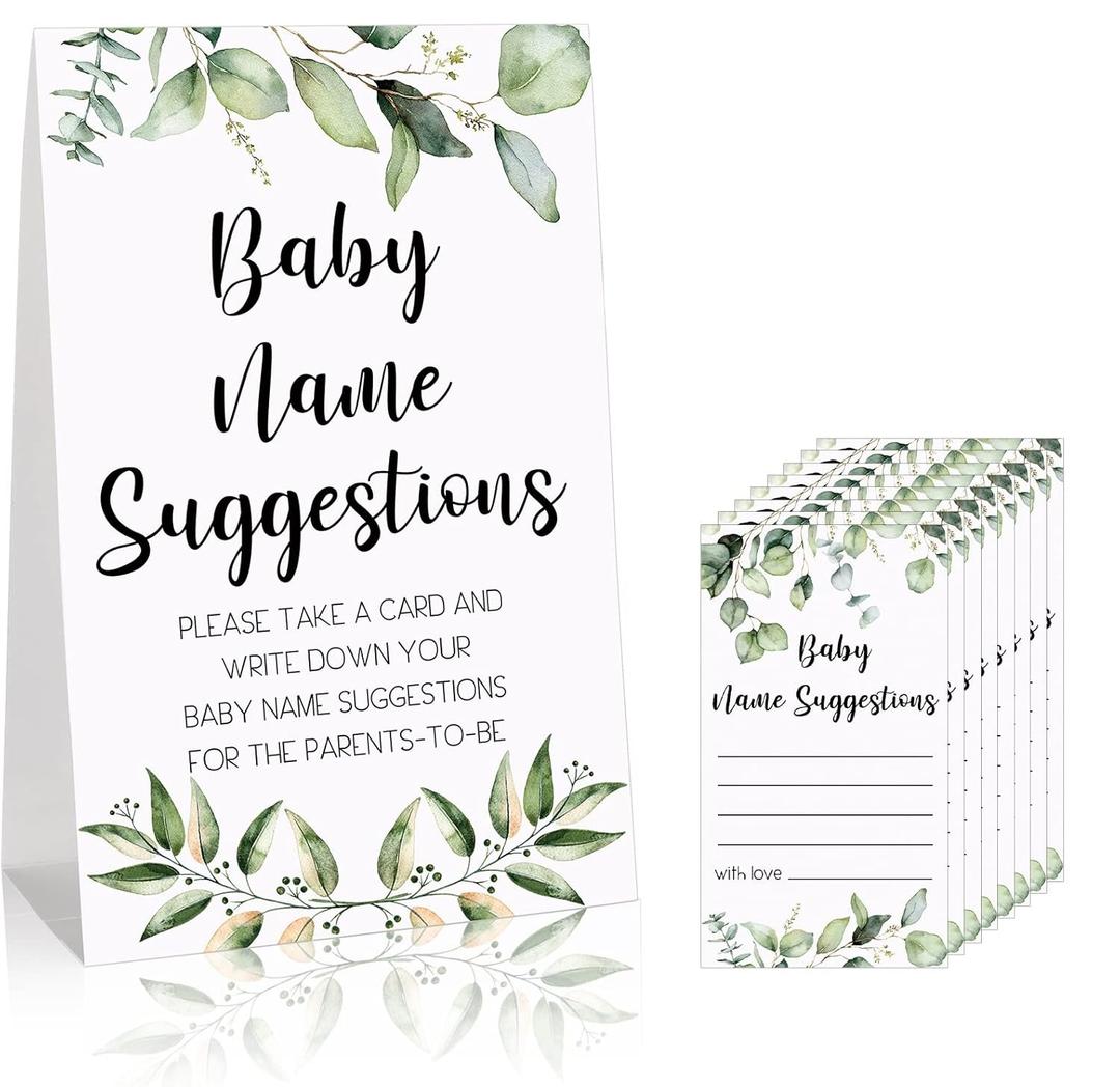 Spakon  Baby Shower Games, Greenery Name Suggestion Sign 50 Funny Baby Shower Name Suggestion Cards for Gender Reveal Birthday Party Supplies Decorations