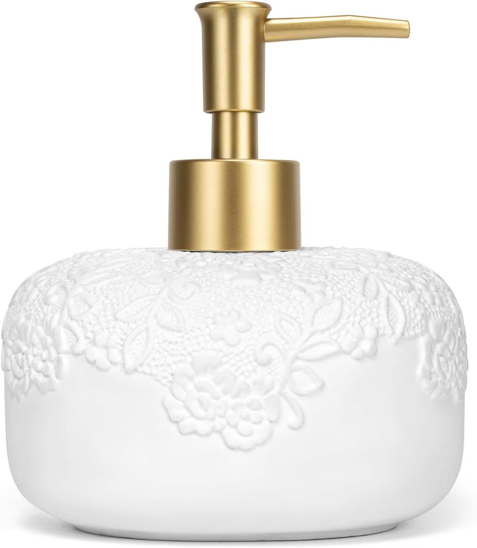 Ceramic White Liquid Soap Dispenser with Embossed Design Look, Soap Dispenser with Rust-Proof Plastic Pump 13.5oz for Bathroom Kitchen (1pcs, Gold)
