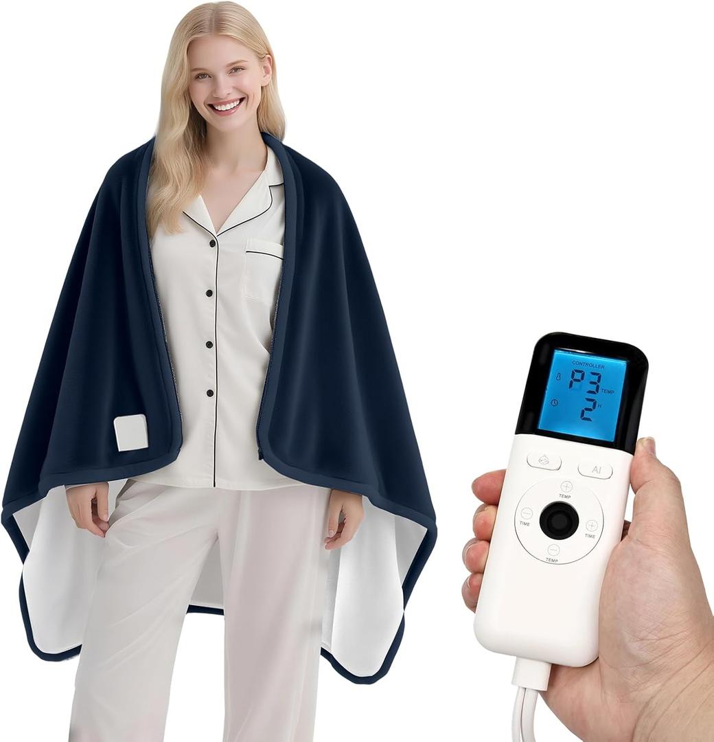Heated Wearable Shawl, Heated Blanket Electric Throw for Gifts, 33x59 Inch Super Cozy Soft Wearable Blanket with 6 Heating Levels & 5 Timer Settings, Auto Shut Off, Machine Wash (Navy Blue)