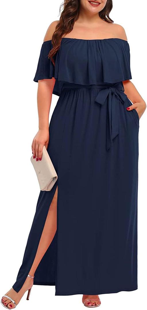 Plus Size Off The Shoulder Maxi Long Casual Beach Dress Pockets Women (Navy Blue), 18 Plus