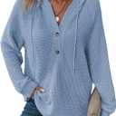 Dokotoo Hoodies for Women Waffle Knit Long Sleeve Drawstring Button V Neck Casual Pullover Sweatshirt Hooded Tops (Blue), 

X-Large