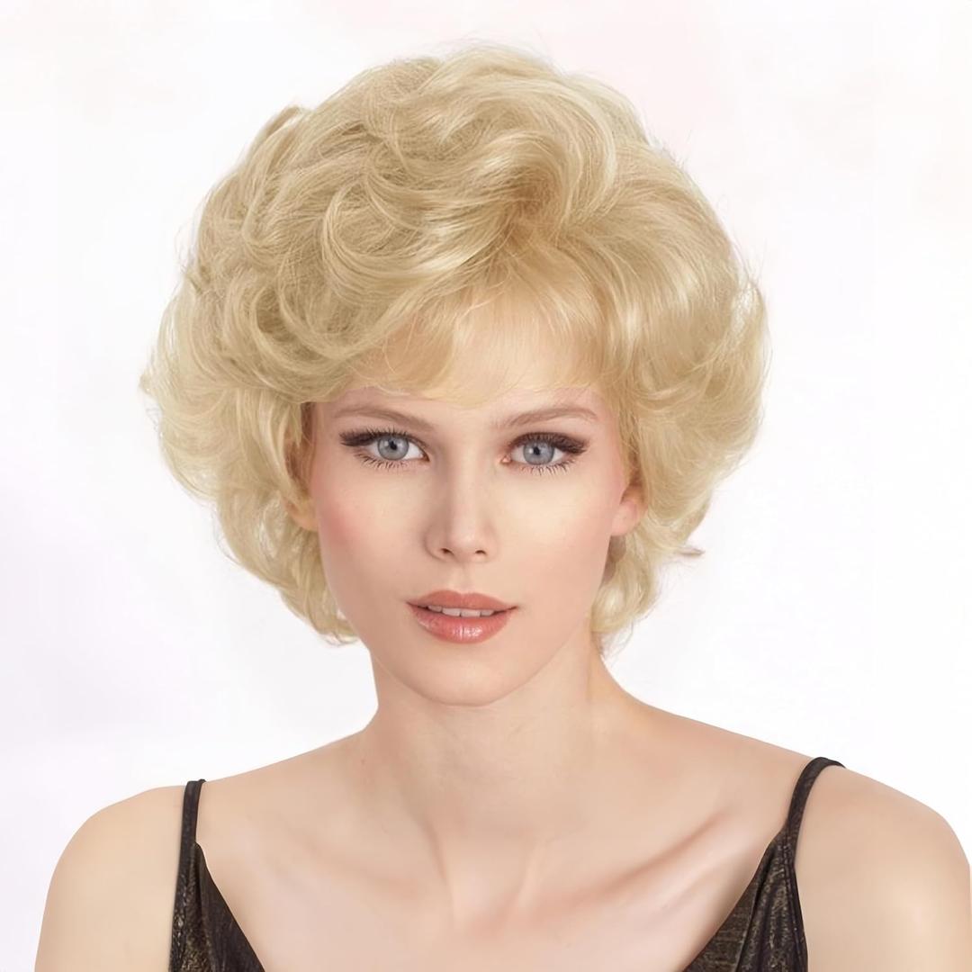 Short Blonde Curly Wigs for Women Fluffy Natural Looking Synthetic Cosplay Daily Halloween Hair Wig