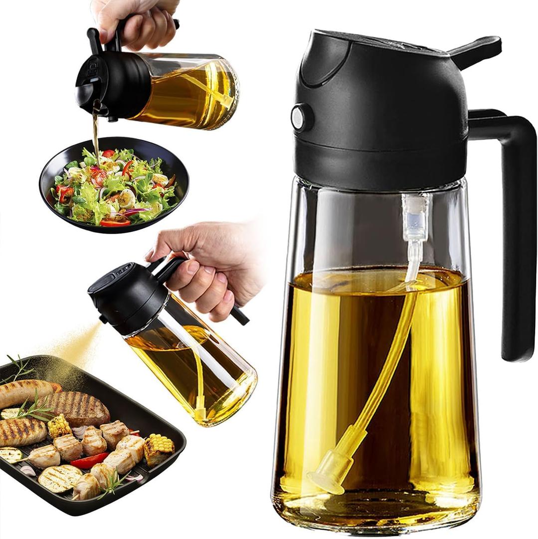 16oz/470ml Glass Olive Oil Sprayer for Cooking - 2 in 1 Olive Oil Dispenser for Kitchen Gadgets, Air Fryer, Salad, and BBQ (black)