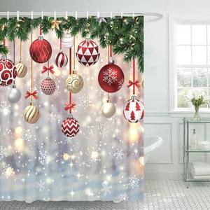 Lofaris Christmas Shower Curtain Merry Xmas Colorful Balls Pine Trees Fabric Bathtub Curtain for Decor Winter Wonderland Snowflakes Fabric Bathroom Curtains 72x72inch
