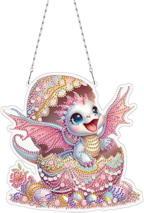Pink Cute Dragon Diamond Painting Hanging Pendant Kit, 5D DIY Acrylic Crystal Special Shaped Window Garden Animal Diamond Art Ornament for Adult (ZD04)