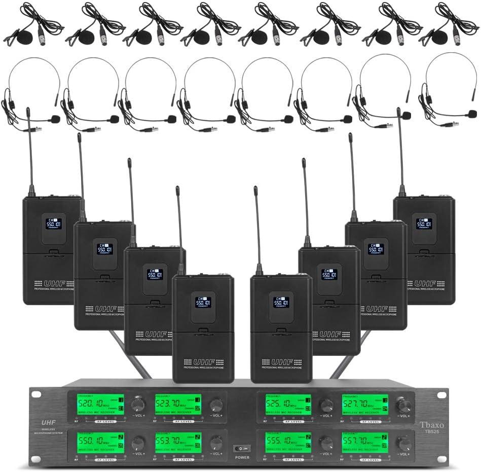 Wireless Microphone System UHF 8 Channel 8 Lavalier Bodypacks 8 Lapel Mic 8 Headsets for Karaoke System Church Speaking Conference Wedding Party