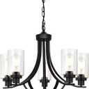 MELUCEE Traditional Chandelier Classic 5 Lights Farmhouse Pendant Light Black with Clear Glass Shade, Dining Room Lighting Fixtures Hanging Bedroom Chandelier Foyer Lighting