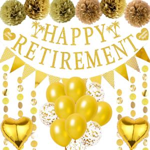 Retirement Party Decorations for Women Men - Gold Happy Retirement Banner Balloons, Garland Paper Pompoms Bunting Farewell Decor for Retired Coworker