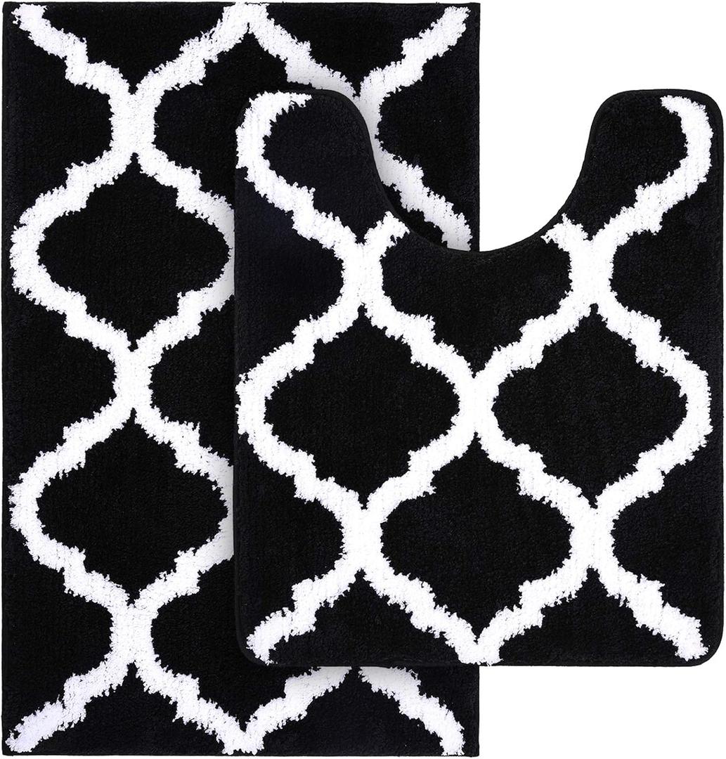 OLANLY Bathroom Rugs Set 2 Piece, Microfiber Bath Shower Mat and U-Shaped Toilet Rug, Machine Wash Dry, Non-Slip Absorbent Shaggy Bath Mats for Tub, Shower and Bathroom (30"x20"+24"x20", Black)