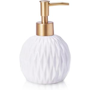 Ceramics Gold Soap Dispenser for Bathroom, Round Soap Dispenser with Delicate Embossed Rhombus Design (White)