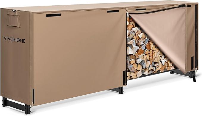 VIVOHOME 8 ft Heavy Duty Firewood Rack Outdoor with Cover, Fire Wood Storage Rack, Log Holder and Cover Combo Set with Zipper, Brown