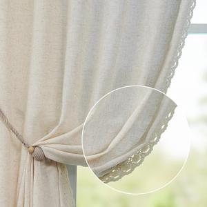 jinchan Linen Light Filtering Curtains 50W x 63L Inch Ecru for Living Room Farmhouse Boho Laced Curtains Back Tab Rod Pocket Drapes 2-Panel Set