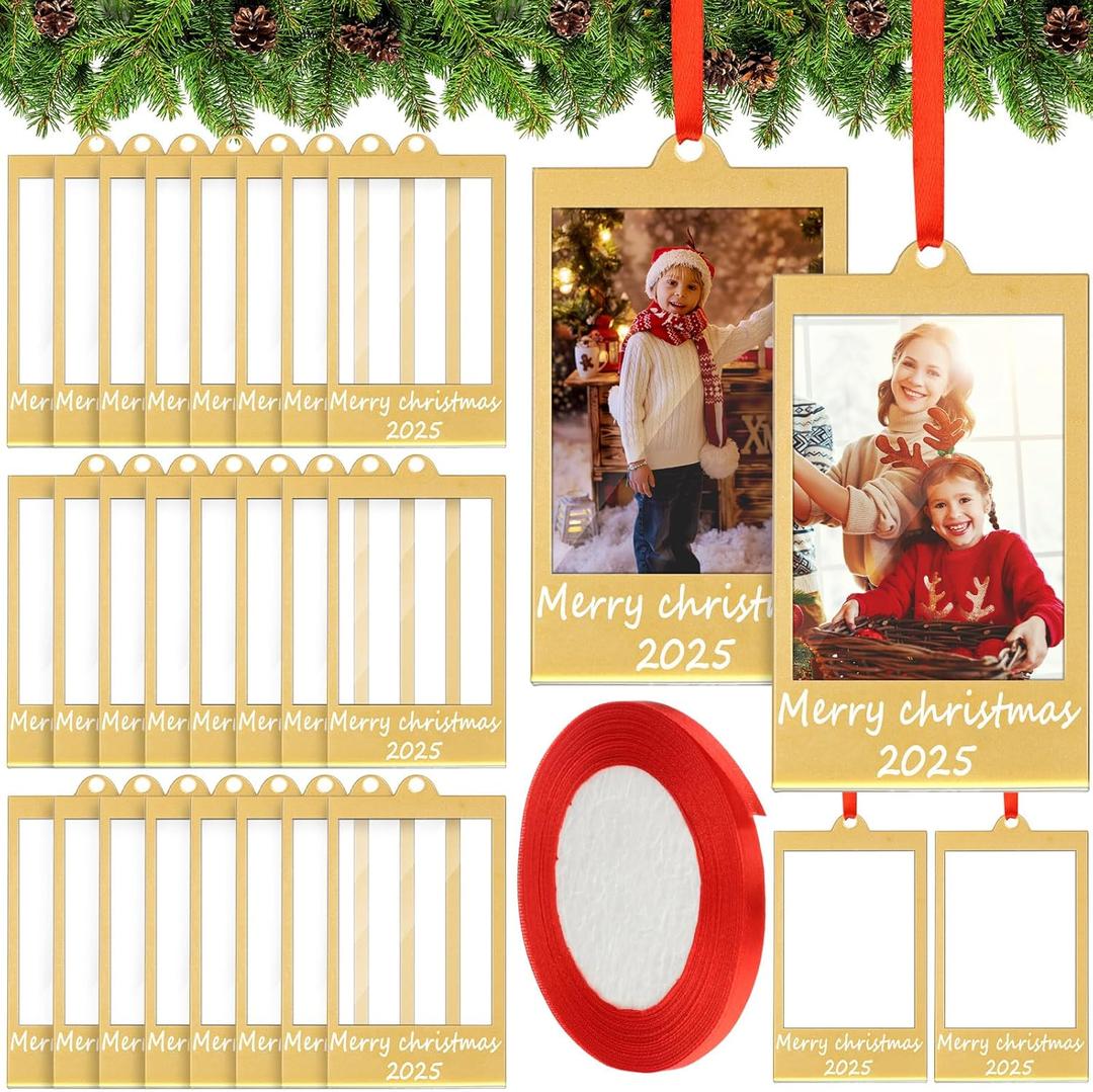 24 Christmas Acrylic Picture Frames Ornaments 2025 Photo Frame 2 x 3 Inches with Satin Ribbon Double Sided Picture Ornaments for Christmas Tree (Remove The Surface Film Before Use) (Gold)