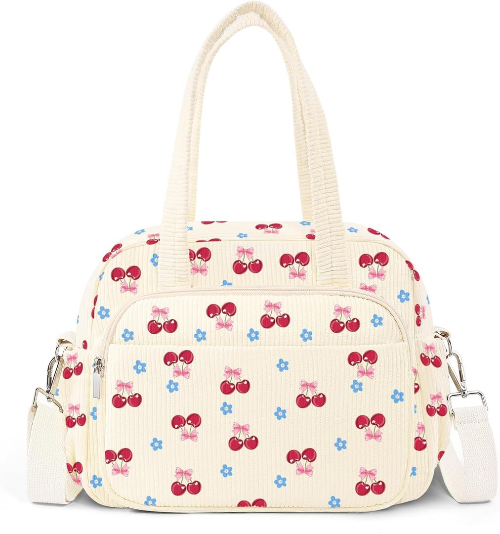 Lunch Box for Women,Insulated cherry Corduroy Lunch Tote Cute Lunch bag with Shoulder Strap, Multiple Pockets, Adult Teacher Nurse Bento Lunch Box for Women for work Picnic