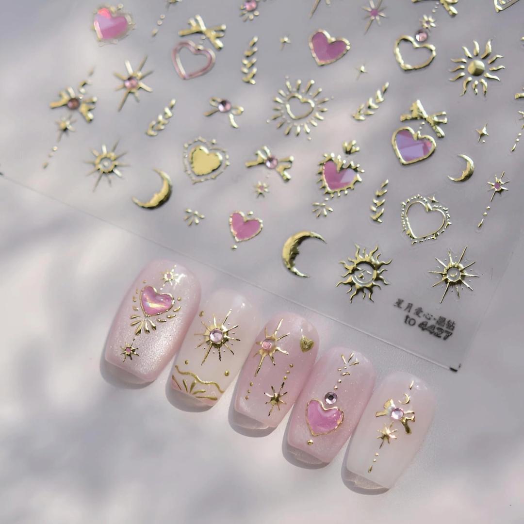 3 x Gold Heart Nail Art Stickers 5D Embossed Pink Heart Nail Stickers for Nail Art Star Nail Sticker Moon Nails Decals Pink Rhinestones Nails Supplies for Women Manicure DIY Decorations (Valenttines 5d-1)