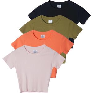 Real Essentials 4-Pack: Women's Short Sleeve Ribbed Knit Cotton Crew Neck Crop Top T-Shirt, (Medium)