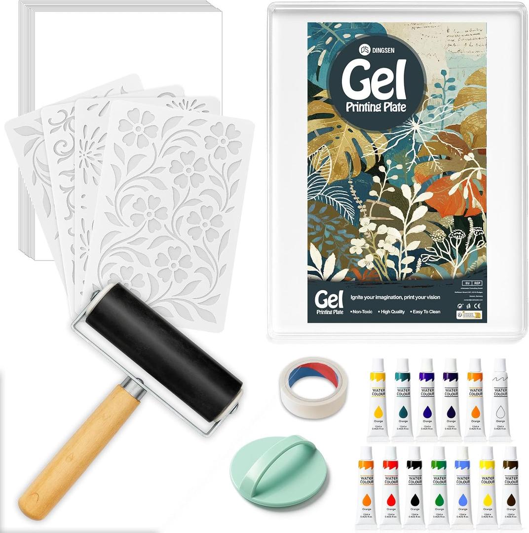 DINGSEN Gel Printing Plate Kit, Complete Printmaking Set with 5 X7 Gel Plate, Brayer, Watercolor Paints, A5 Printmaking Paper, and Essential Tools for Mixed Media Art, Monoprinting, Card Making