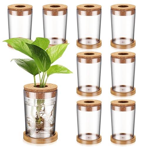 Baderke 8 Packs Propagation Vases for Plants Plastic Plant Propagation Station with Hole Lid and Bamboo Stand Growing in Water Hydroponic Home Office Table Decoration(Stripe Style)