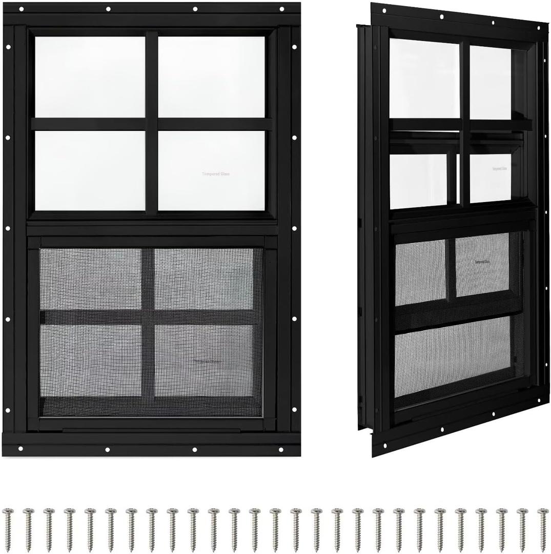 COLORPAPA 2 Pack Shed Windows,24" x 36" Small Sliding Windows,Flush Mount Windows with Tempered Glass and Fiberglass Screen for Shed, Chicken Coop, Playhouse, Household, Garage, Barns (Black)