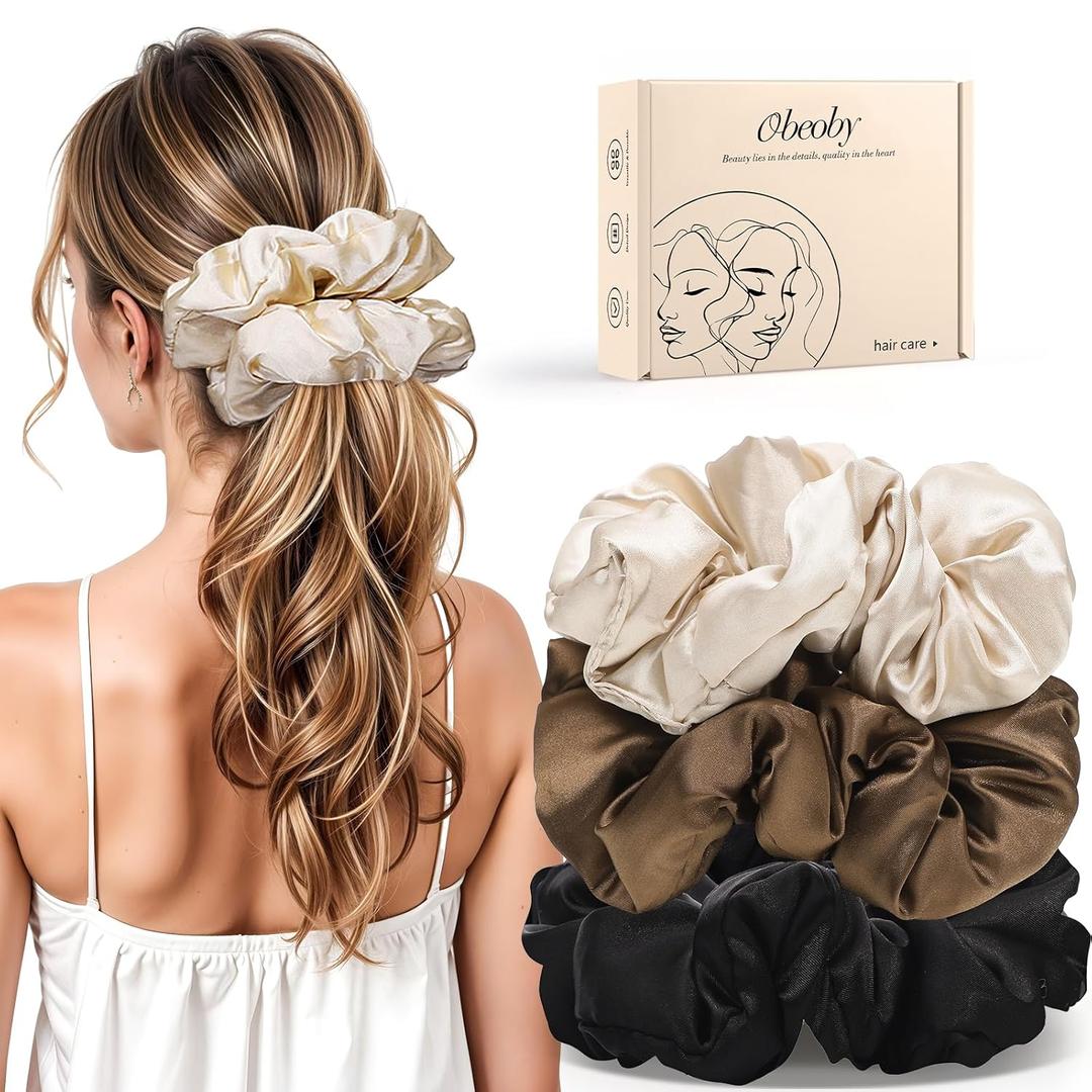 3Pcs Large Satin Hair Scrunchies, 6Inch Pillow Satin Scrunchies for Thick Curls Sleepy Hair Tie Valentines Gifts (Brown Series)