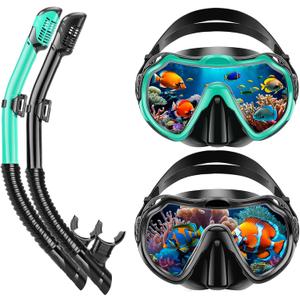 Snorkeling Gear for Adults, Adult Snorkel Set with Panoramic Anti-Leak and Anti-Fog Tempered Glass Snorkel Mask, Dry Top Snorkel, Snorkle Mask Set Adult with Mesh Bag Ear Plug for Snorkeling (Black+Malachite Green (2 Set))