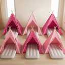 wilwolfer 6 Pack Kids Teepee Tent Bulk with Inflatable Airbed & Light, Natural Toddler Play Tent for Girls Boys Indoor Sleepover Slumber Party Birthday Gifts(Pink, Rose Red)