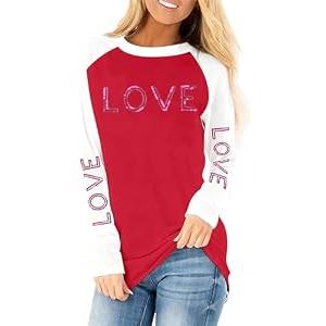 Valentines Shirts for Women Love Letter Print T Shirt Funny Sequin Valentine XOXO Graphic Long Sleeve Causal Tee Tops Red Small