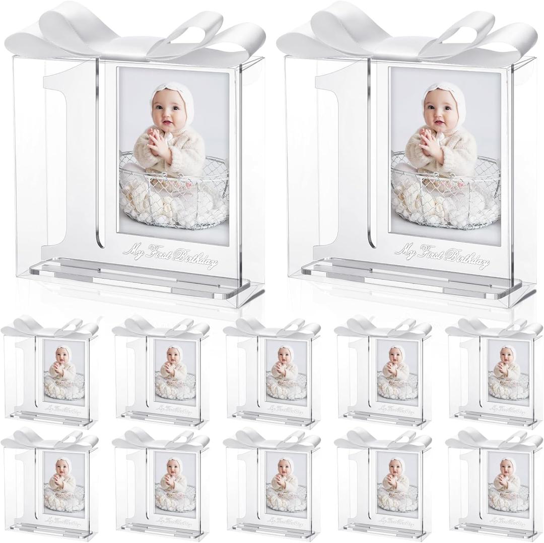 12 Set My 1st Birthday Party Favors Supplies First Birthday Photo Frame First Anniversary Decoration with Clear Plastic Crystal Boxes and Satin Ribbon Bows Set Souvenir Return Gift for Party Guests