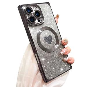 SAKUULO Case for iPhone 16 Pro Max 6.9 inch Cute Plating Clear Case [Compatible with Magsafe] Plating Heart Glitter Soft TPU Shockproof Camera Protection Bumper Cover for iPhone 16 Pro Max, Black