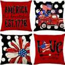 4th of July Pillow Covers 16x16 Set of 4 Patriotic American Star Flower Truck Outdoor Decorative Pillow Covers Fourth of July Cushion Case Independence Memorial Day Home Sofa Porch Decoration