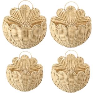 Domensi 4 Pcs Scalloped Wall Baskets Hanging Baskets 4 Different Sizes Large and Small Hand Woven Plastic Rattan Craft Original Storage Holder Scalloped Decor for Nursery Home House Bathroom