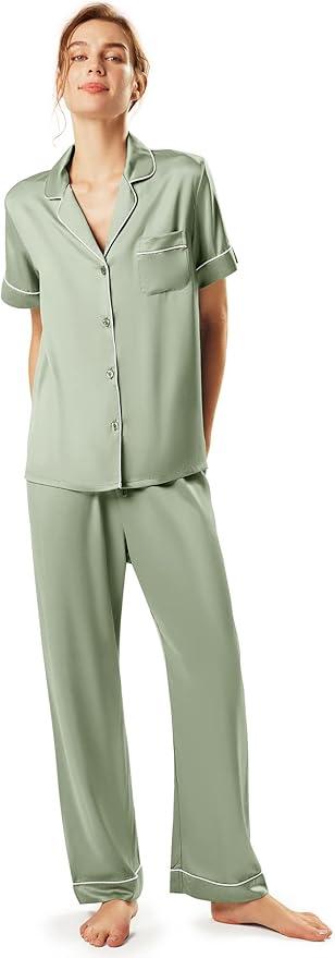 AW BRIDAL Womens Satin Pajama Set Soft Short Sleeve Silk Pajamas Button Down Loungewear Sleepwear Two Piece Pj Sets, S-XL (Medium, Sage Green)