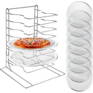 Zhehao Pizza Rack 8 Tiered Pizza Stand 16.7'' H x 12'' L x 12'' W and 8 Pcs 12'' Pizza Pans with Holes, Aluminum Pizza Baking Set for Easy Storage and Baking Multiple Pizzas