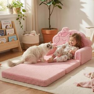 TinyPalsa Kids Couch, Convertible Sofa to Lounger Fold Out, Pink Magical Pony Design Chair for Toddlers 1-3, Gift for Birthday, Movie Night