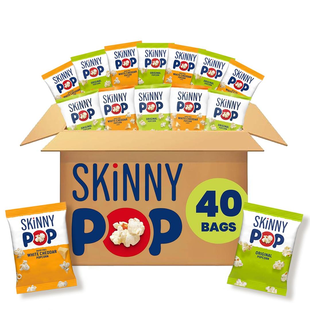 SkinnyPop Popcorn, Original and Dairy-Free White Cheddar Variety Pack, Whole Grain Snack, 0.5oz (40ct) (BBD 10/24/2026)
