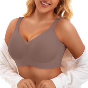 PoseFree Womens Wireless Bras Supportive Tshirt Bra No Underwire Seamless Push Up V Mesh Comfortable Bralette Everyday Bras (XX-Large, Coffee)