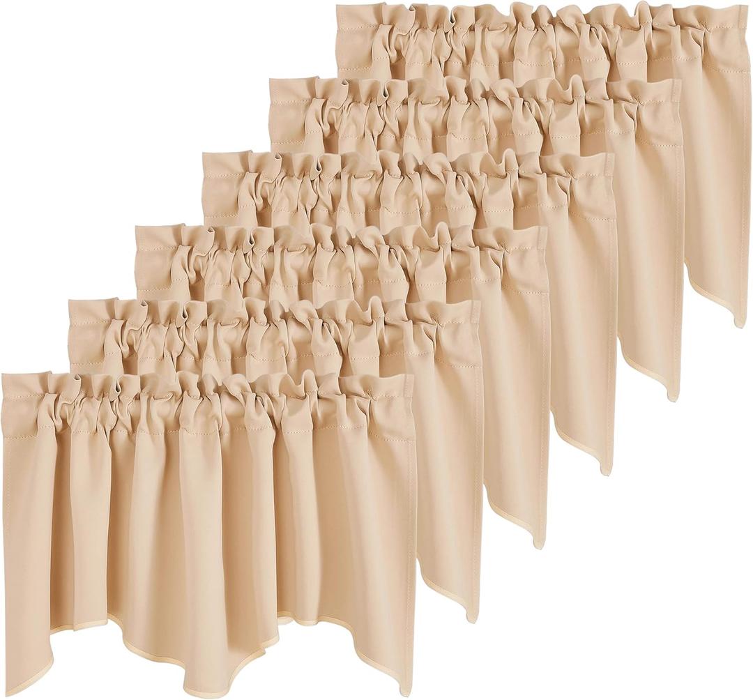 NICETOWN 6 Panels Blackout Valances for Kitchen, Farmhouse Country Rod Pocket Living Room Decor Scalloped Small Valances for Bedroom/RV Camper, 52" Wide x 18" Long, Biscotti Beige
