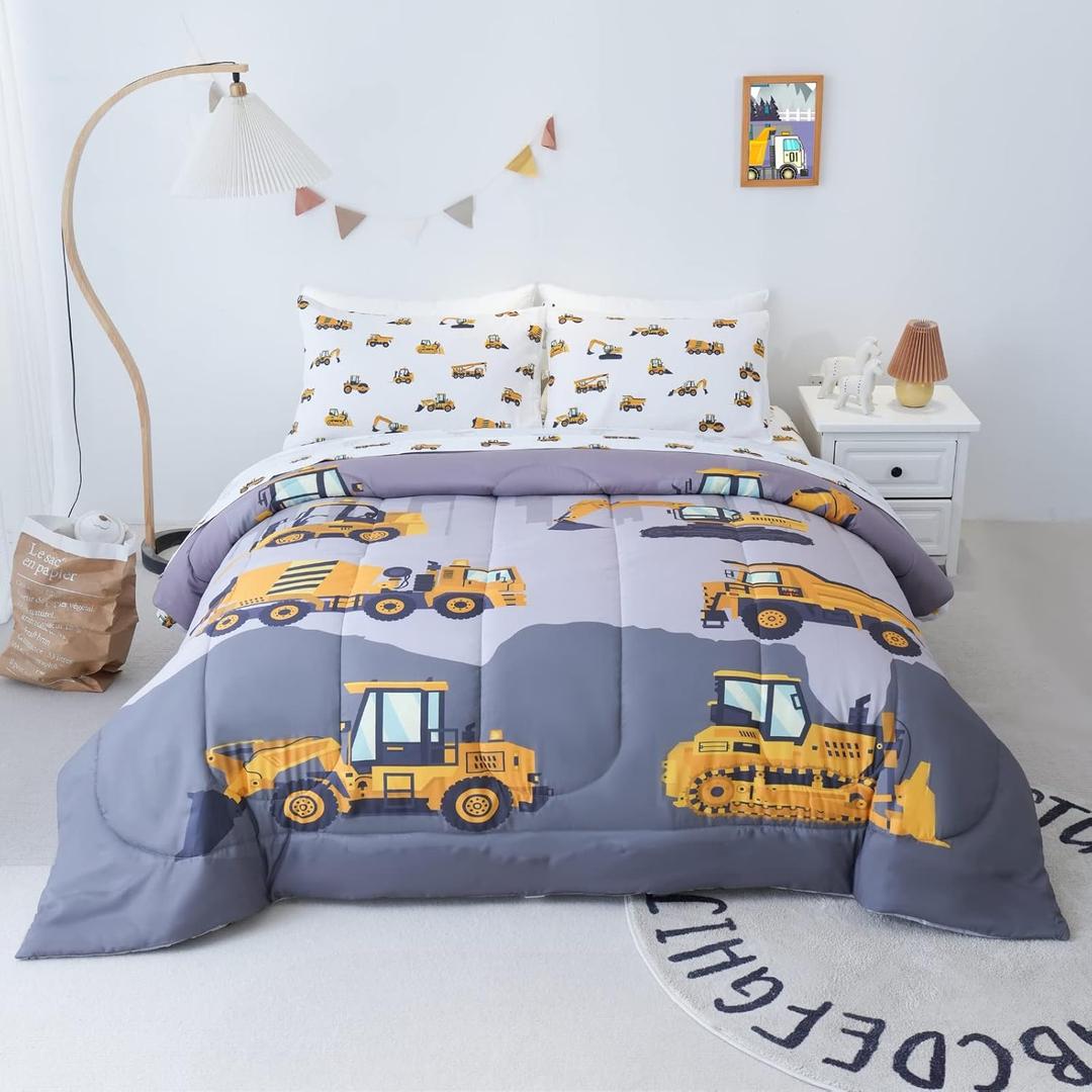 Cokouchyi Twin Size Comforter Set for Boys, 4-Piece Bed in a Bag, 3D Construction Bedding Comforter Sheet Set, Ultra Soft and Fluffy, Cartoon Truck Cars