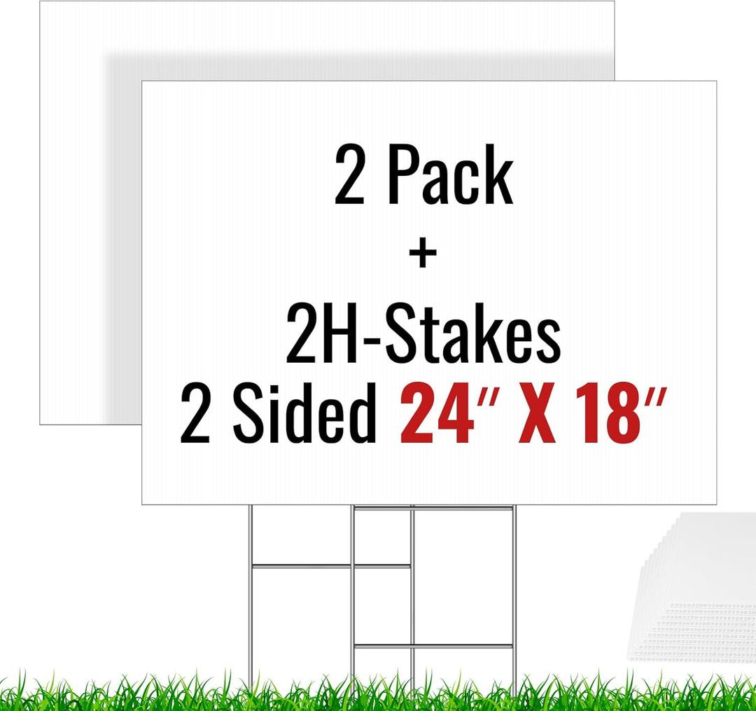 2 Pack Blank Yard Signs with Stakes 24 X 18inch, IKAYAS 18 x 24" Large Size White Garden Yard Signs Yard Sale Signs Corrugated Plastic Signs for Party Decorations, Garage Sale, Guidepost, Open House