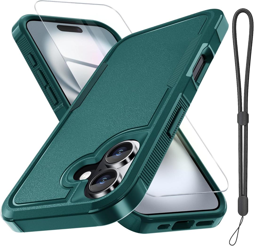 RMOCR Case for iPhone 17 Phone Cover with Screen Protector,Military Grade Heavy Duty Shockproof PhoneCase with Wrist Lanyard Strap,2025 Dark Green