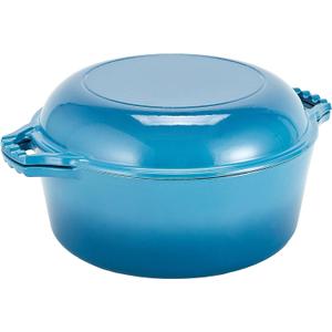 Bruntmor 2-in-1 Enamel Cast Iron Dutch Oven With Handles - Crock Pot Blue Cast Iron pot with Skillet lid - All-in-One Cookware Braising Pan for Casserole Dish - 7 Quart, Blue