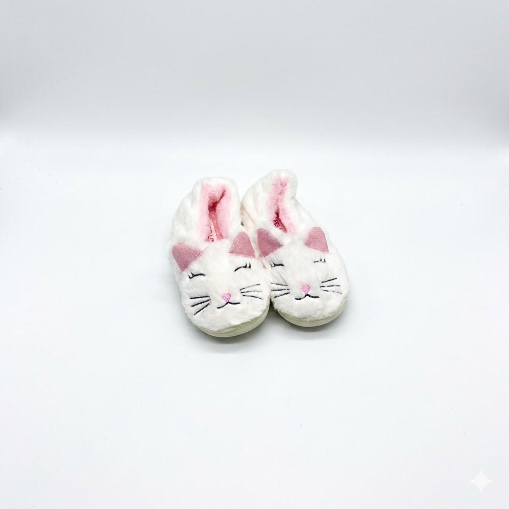 Fuzzy Cat Slippers for Women, Funny Animal House Shoes with Soft Memory Foam, Comfy Plush Warm Slip-on Slippers, Size 1/2