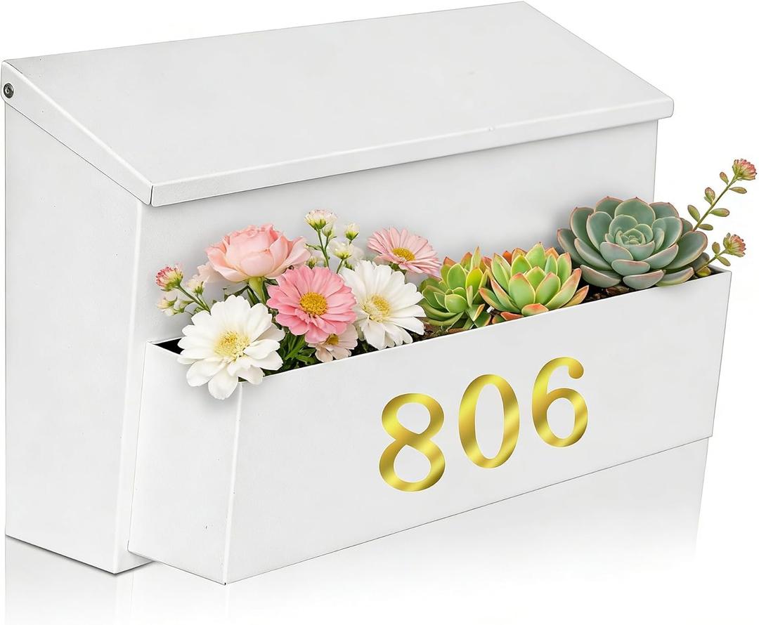 Ydocabinit Wall Mount Mailbox, Large Capacity for House, Outside, with 3 Sets of 0-9 Number Stickers & Flower Planter, Galvanized Steel Rust-Proof Metal Post Drop Box, 15.74"9.84"6.41" White