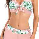 Zando Women's Two Piece Halter Swimsuit Athletic Push Up Bikini Set Swimwear with Boyshorts Sporty V Neck Bathing Suit (10-12, Pink Flower) L