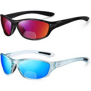 LKEYE Bifocal Reading Sunglasses Men Women Sports Style Sun Reader Wrap Around Build-In UV Protection Driving glasses LK6092, Bifocal Sun（c3blue+c4red), 2.5 Diopters