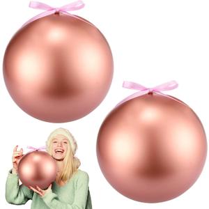 Zubebe 2 Pcs 8" Giant Fillable Christmas Ornaments with Ribbons Oversized Plastic Xmas Balls for Outdoor Lawn Yard Decor, Tree Hanging, Holiday Gifts(Matte Rose Gold)