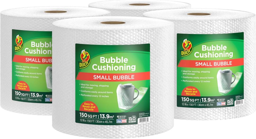 Duck Brand Small Bubble Cushioning Wrap for Moving, Shipping & Mailing, 600 FT Bubble Packing Wrap Extra Protection Packaging Boxes & Mailers, Clear Bubble Roll Moving Supplies 150 FT Each 4 Rolls