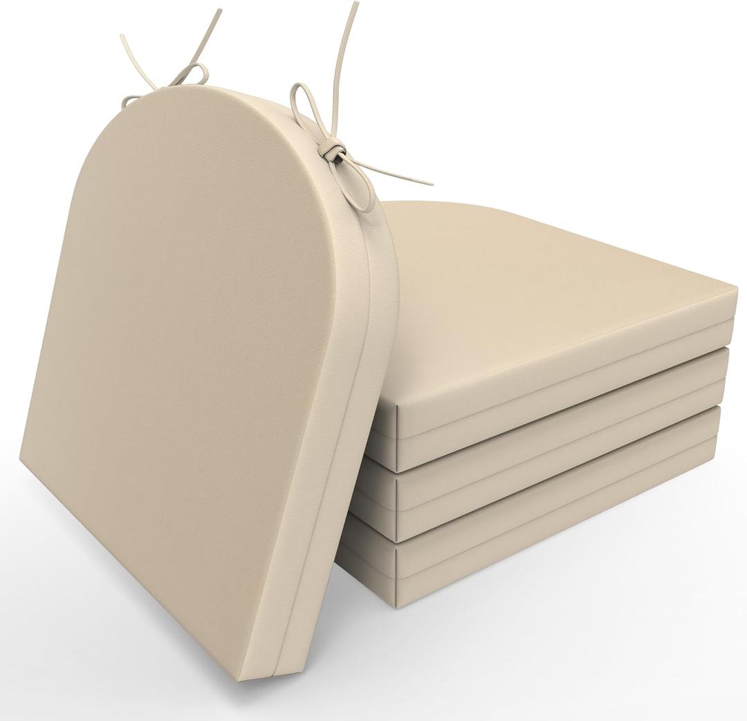 Outdoor Cushions for Patio Furniture Set of 4, 17 x 16 x 2 inch Waterproof Outdoor Chair Seat Cushions, Beige D-Shape with Non-Slip Ties (Round Corner)