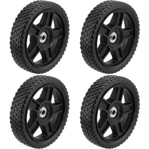 KEILEOHO 4 Pack 8 Inch Push Mower Wheels, Plastic Spoked, Rubber Replacement with Tire, 1/2 Inch Bore/Spoke Hole Universal for Hand Trucks, Lawn Mowers, Black