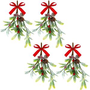 Christmas Artificial Mistletoe Ornament with Red Bow Snowy Red Berries Christmas Hanging Mistletoe Decoration Bouquet Floral Natural Pine Cones Holiday Decoration Ornament Bouquet(4 Pieces)